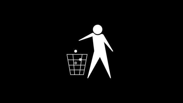 Looping animated icon of a person properly throwing trash into a bin with simple flat design and transparent background. Suitable for recycling, cleanliness, sanitation, and environmental projects.