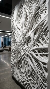 Parametric organic wall installation decorating a modern corporate lobby with futuristic 3D printed textures