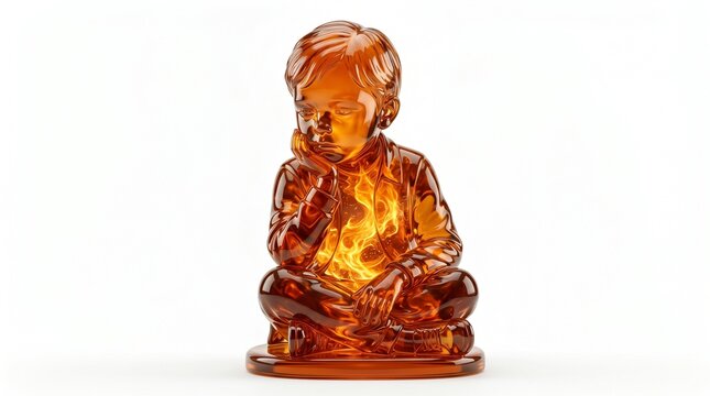 Amber glass sculpture of a pensive boy, translucent orange resin figurine in sitting pose, glowing crystal statue for interior decor