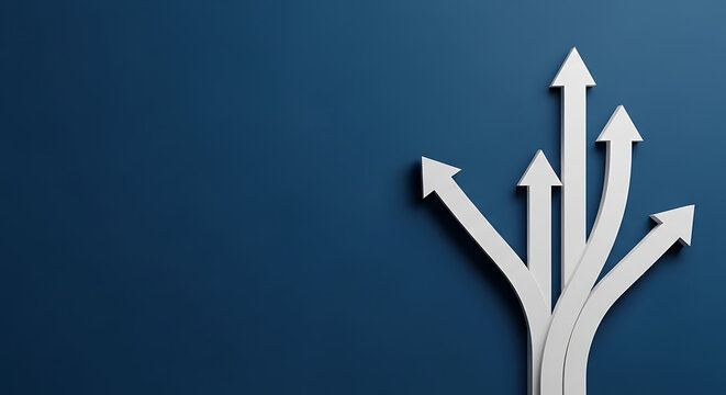 Conceptual white arrows splitting into multiple directions on dark blue background with direction decision business strategy guidance leadership planning development opportunity management