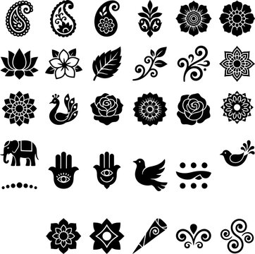 Collection of diverse black ornamental motifs including paisley floral elephant and hamsa hand for decorative design
