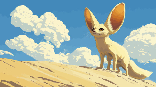 A stylized desert scene with a large fennec fox standing on sand under blue sky