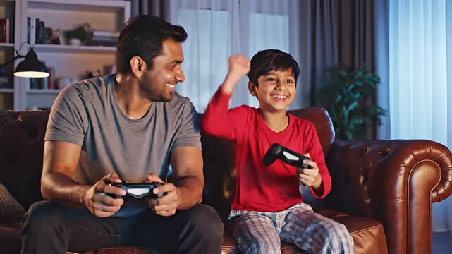 Father and Son Enjoying Video Games Together on Couch.