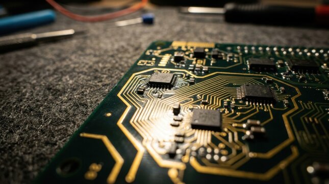 Macro view of a green printed circuit board featuring intricate gold conductive traces and surface-mount microchips on a textured grey workbench with blurred electronics tools in background.