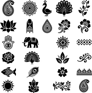 Collection of traditional Indian mehndi design motifs in black silhouette on white background for body art applications