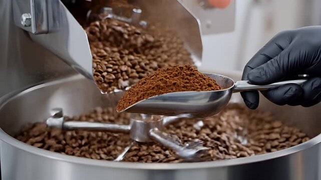 Freshly Roasted Coffee Beans Pouring from Roaster into Cooling Tray.