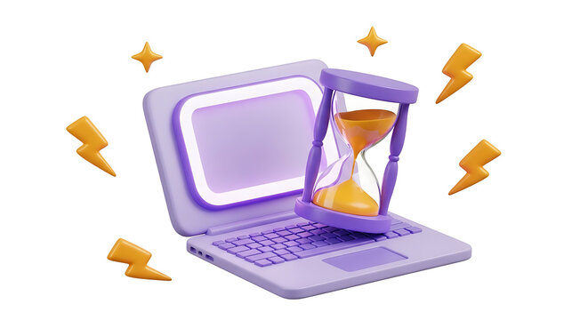 Laptop computer with hourglass and floating lightning bolts concept computer hourglass deadline lightning technology business productivity management internet planning efficiency