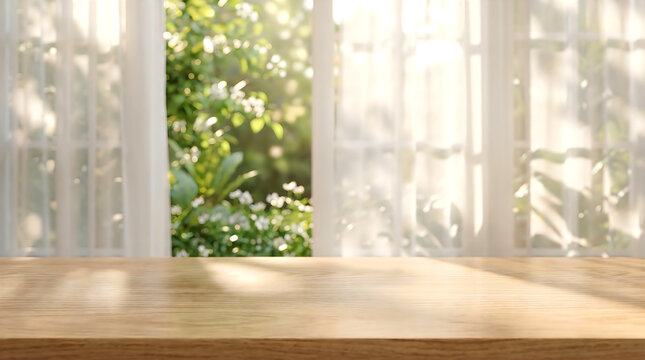 Wooden table top on blurred garden window background with sun light for nature product mockup and summer display.