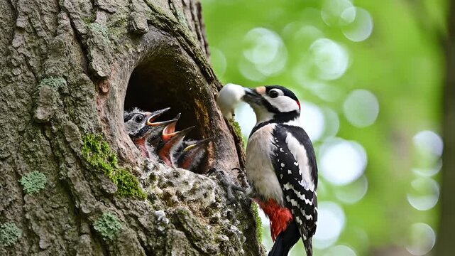 Great Spotted Woodpecker Feeding Chicks in Nest Hole on Tree Trunk.