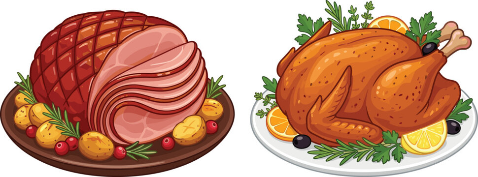 Gourmet Holiday Dinner Set Featuring Roasted Glazed Ham and Whole Thanksgiving Turkey with Fresh Herbs and Garnishes for Festive Menu Designs and Food Promotions