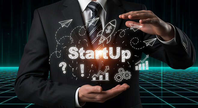 Businessman holding digital glowing startup concept with rocket and growth charts