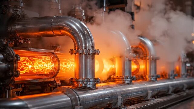 Industrial reuse system heating reactor plant pipeline with stainless steel steam conveying energy recovery and glowing furnace tubes visible through
