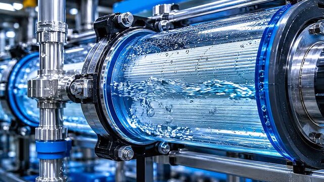 Industrial water reuse system filtration vessel pipe stainless showing clear cylindrical housing with flowing water and efficient module process