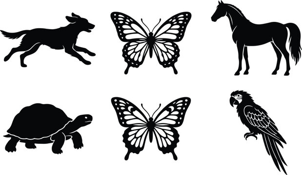 Black animal silhouettes collection, running dog butterfly horse shapes, turtle parrot exotic bird symbols, wildlife nature icon graphic design elements