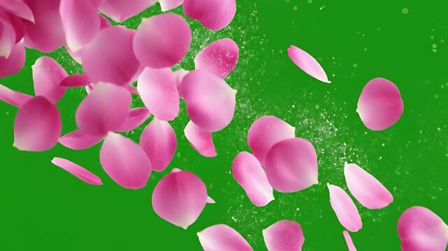 Pink Rose Petals Falling on Green Screen Background.
