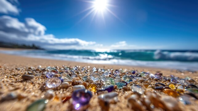 Shimmering Sea Glass and Pebbles on a Sunny Beach Shore with Gentle Waves and Bright Blue Sky