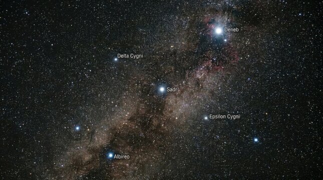 Constellation Cygnus labeled with Northern Cross asterism stars including Deneb, Sadr, Albireo, Delta Cygni, and Epsilon Cygni against the starry Milky Way galaxy background.
