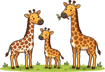Obraz premium Cute Cartoon Giraffe Family Vector Illustration Featuring Mother Father and Baby Calf Standing on Green Grass for Safari Wildlife and Childrens Education Designs