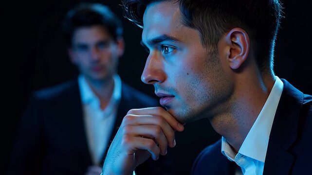 Two men in suits one with hand on chin