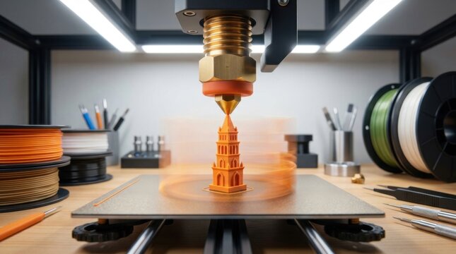Close-up of a compact 3D printer brass nozzle extruding orange plastic filament to create a miniature tower model on a metallic build plate within a well-lit workshop environment.