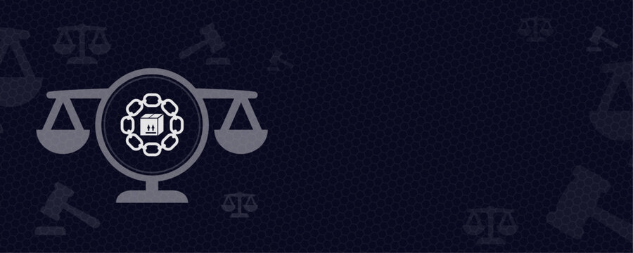 Legal supply chain concept with scales of justice and cargo box illustration on a dark blue tech background with space for text and copy space for design projects