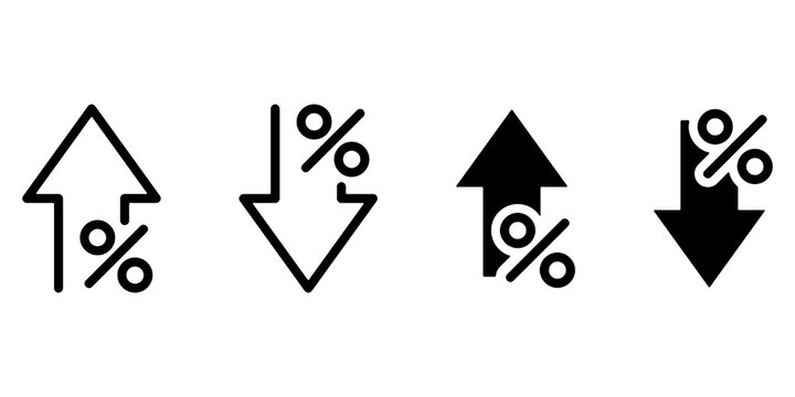 Percentage rate arrow icon set. Percent arrow up and down symbol. Price increase and decrease vector illustration. Profit sign. Up and down arrows with percentage pictogram. Financial growth concept.