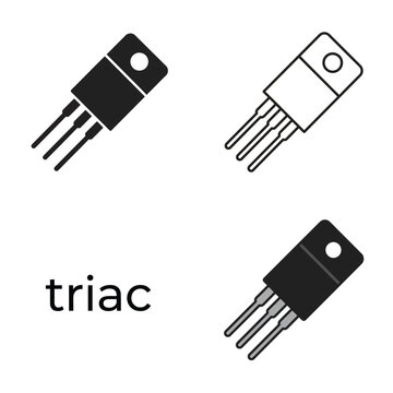 Triac thyristor semiconductor icon set with solid and outline versions on transparent grid background.