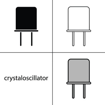 Crystal oscillator electronic component icon set in flat outline and solid styles for pcb layouts.