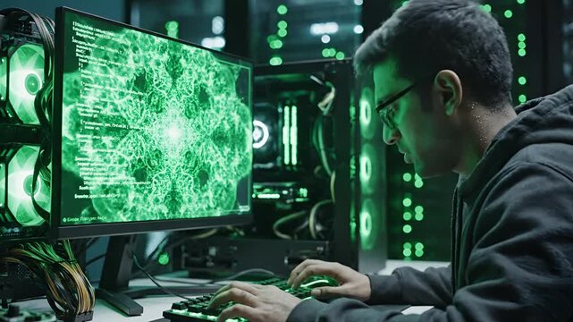Young Man Focused on Computer Screen in Dark Room with Green Lights.