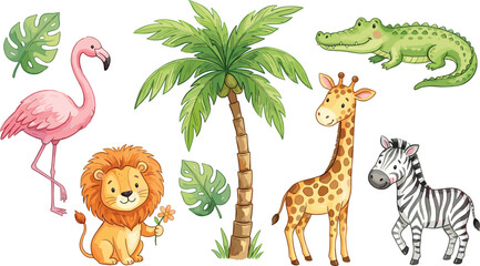 Obraz premium Cute Safari Animal Watercolor Vector Set with Lion Giraffe Zebra Flamingo Crocodile and Tropical Palm Tree for Nursery Wall Art and Kids Stationery Designs