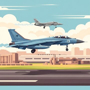 Two military fighter jets approaching a runway for landing