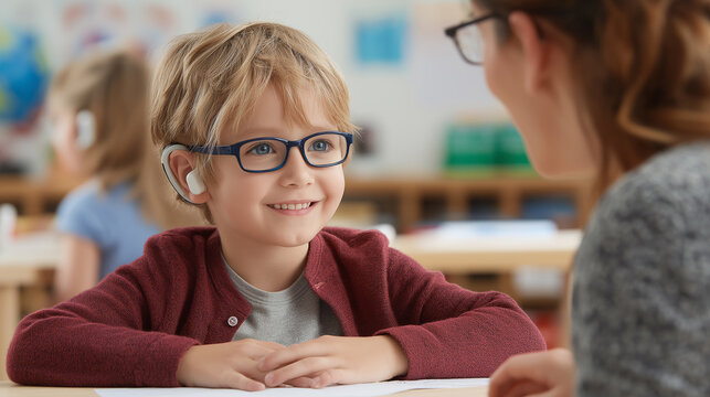 A child with hearing aids learning in a bright classroom, smiling and interacting with teacher, inclusive education