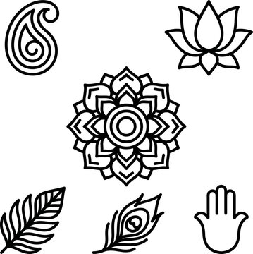 Indian decorative motifs including lotus paisley hamsa and peacock feather icons in simple outline style