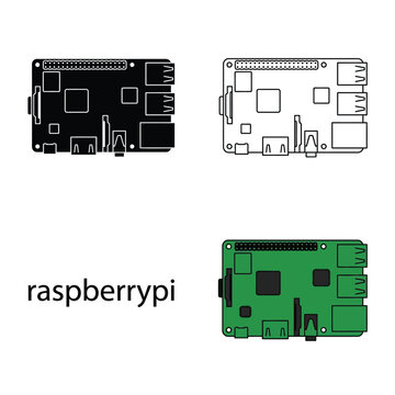 Raspberry pi single board computer icon set with green color outline and solid vector illustrations.