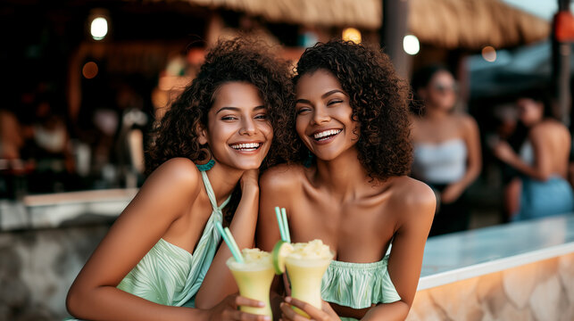 Two young women with curly hair laughing at a beach bar, holding fresh lime smoothies, radiating tropical joy and summer freedom. Perfect for lifestyle, travel and social media projects.