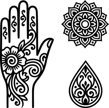 Intricate henna hand design with floral patterns beside mandala and teardrop motifs in black silhouette
