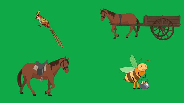 Horse, Wagon, Pheasant, Bee 2d animated cartoon character on green screen chroma key background. High quality mixed rural animals isolated illustration loop cycle vector animation compositing