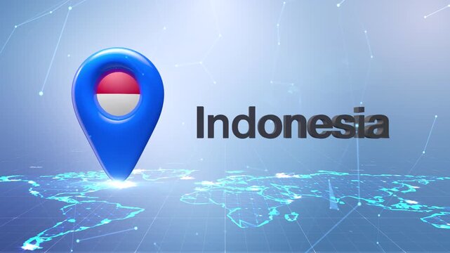 Indonesia Flag Inside Location Pin On Digital World Map Animation