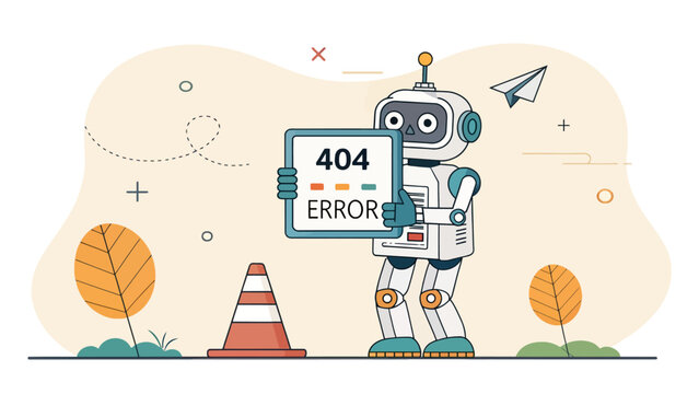 Cute robot holding 404 error sign in front of road cone with internet technology connection development automatic automation artificial intelligence computer maintenance information