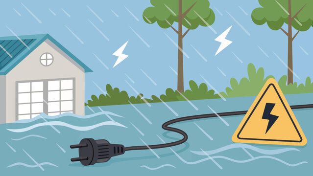 Electrical power plug lying in deep water near house during heavy rain storm with electricity electrical disaster environment lightning flooding catastrophe emergency infrastructure