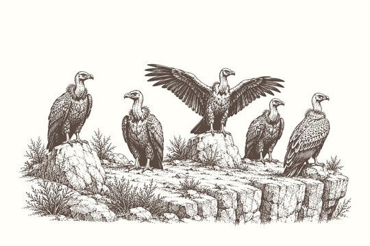 Realistic vulture engraving style vector illustration featuring large scavenger birds on rocky terrain wildlife scenery artwork