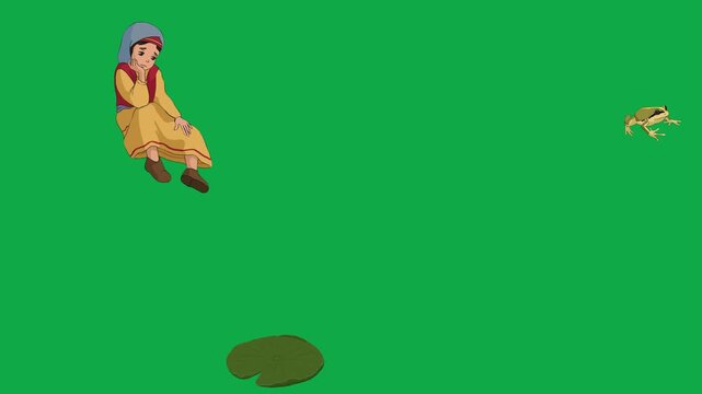 Girl, Frog, Rabbit, Lilypad 2d animated cartoon character on green screen chroma key background. High quality pond nature characters isolated illustration loop cycle vector animation compositing
