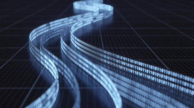 Curving ribbon with binary code a digital illustration in shades of blue and dark gray data information technology cyber network stream flow