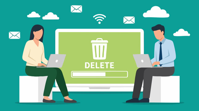 Digital data management and deletion concept with people working on laptops