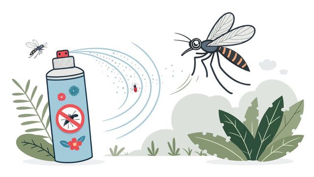 Handheld insecticide spray can protecting against dangerous mosquitoes outdoors in nature with insecticide mosquito protection repellent outdoors chemical prevention illustration environment