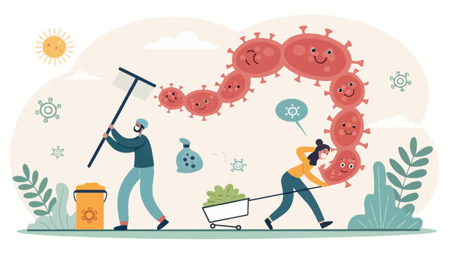 People cleaning and collecting coronavirus microbes concept flat illustration with coronavirus cleaning sanitation prevention protection pandemic microbes illustration pathogen outbreak