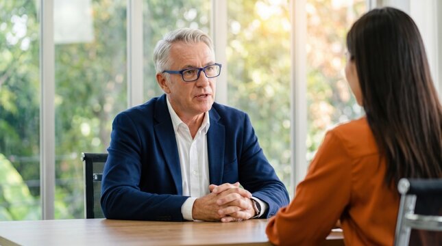 Senior businessman in glasses having a serious conversation with a young female colleague in a bright office environment.