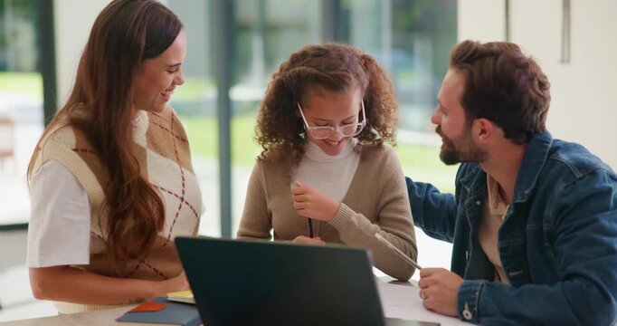 Parents, homework and child on laptop with high five for studying, answer and elearning success. Family, home and girl with mom, dad and computer for education, knowledge and support for development