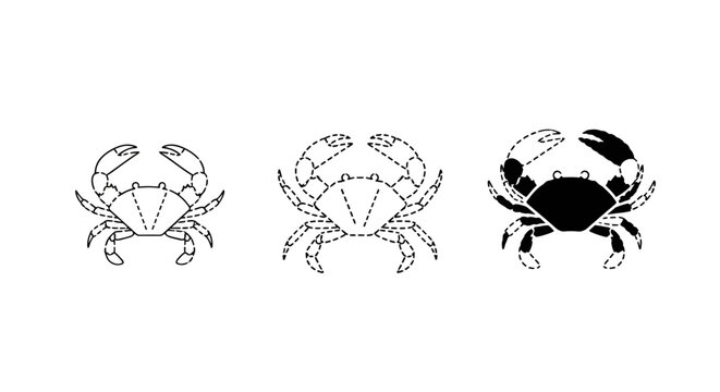 Three Black And White Crab Illustrations Side By Side.
