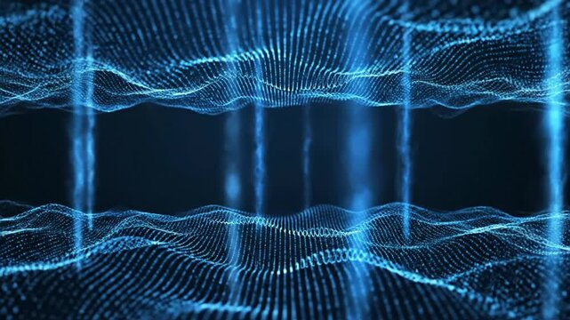 Abstract Digital Wave Particle Background with Glowing Blue Light Beams.